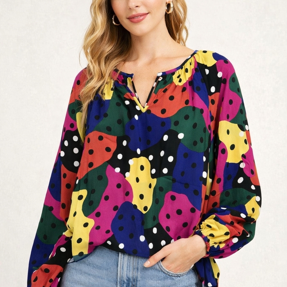 Emily Wonder colorful abstract polka dot blouse size small‎ NWT